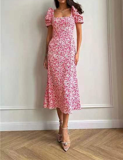 Elegant Floral Print Square Neck Midi Dress