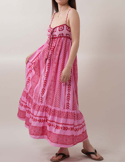 Color Block Embroider String Midi Dresses