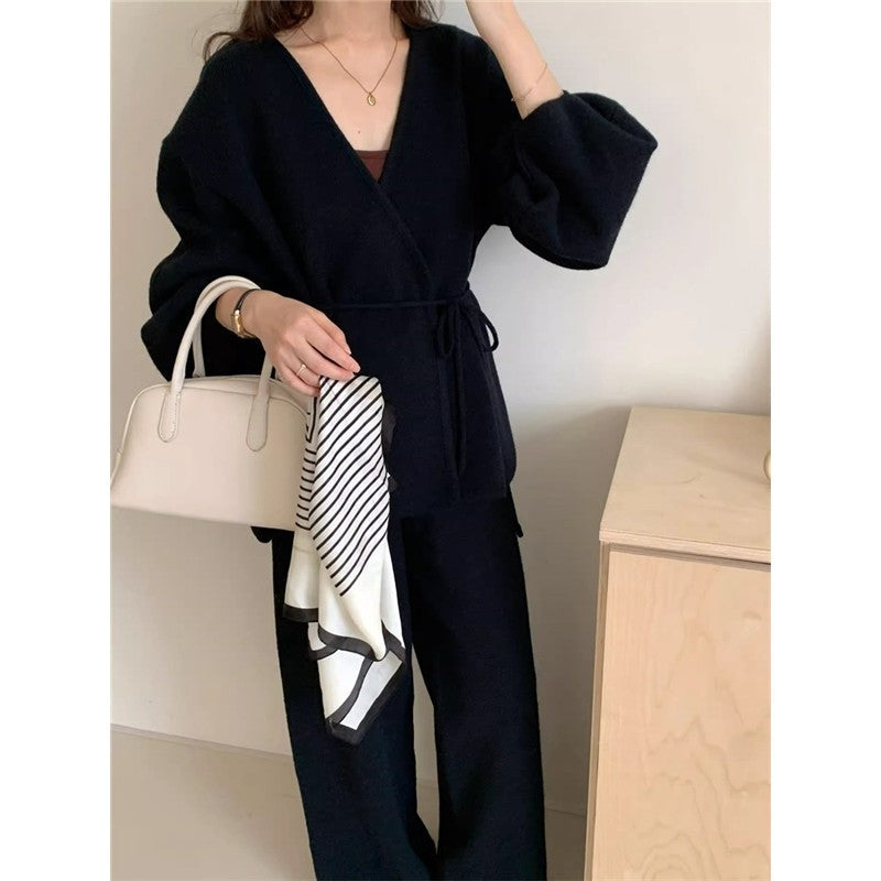 Knit Cardigan With Wide-Leg Pants Set American Retro Style Two-Piece