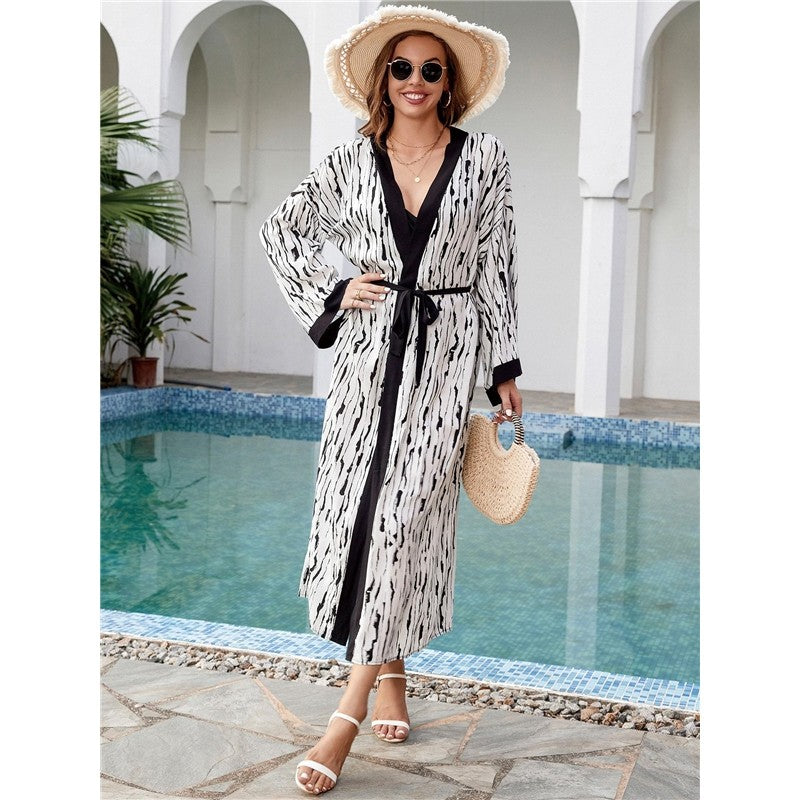 Contrast Color Printing Long Sleeve Belted Casual Loose Long Beach Cardigan Bikini Cover-Up