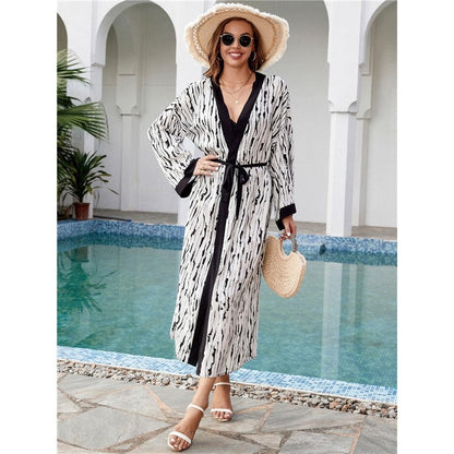 Contrast Color Printing Long Sleeve Belted Casual Loose Long Beach Cardigan Bikini Cover-Up