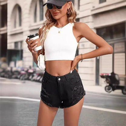 Casual Ripped High-Waist Slim Raw Edge Denim Shorts