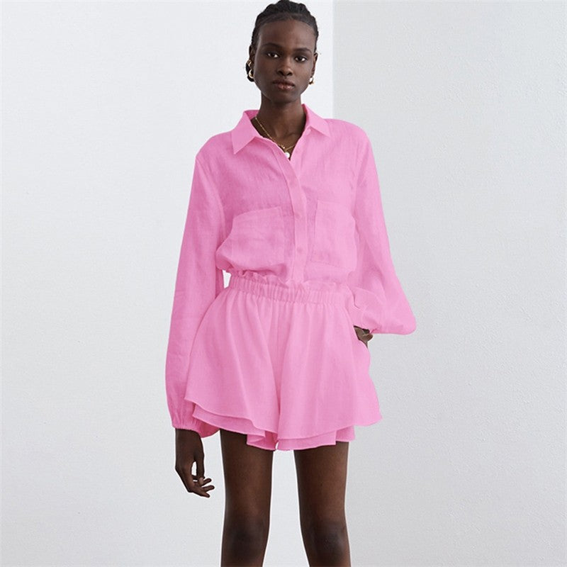 Solid Color Long Sleeve Top With Ruffle Hem Shorts Set