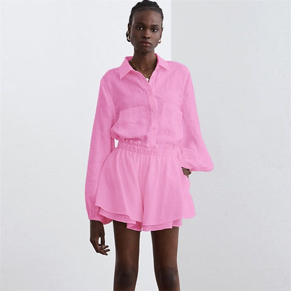 Solid Color Long Sleeve Top With Ruffle Hem Shorts Set