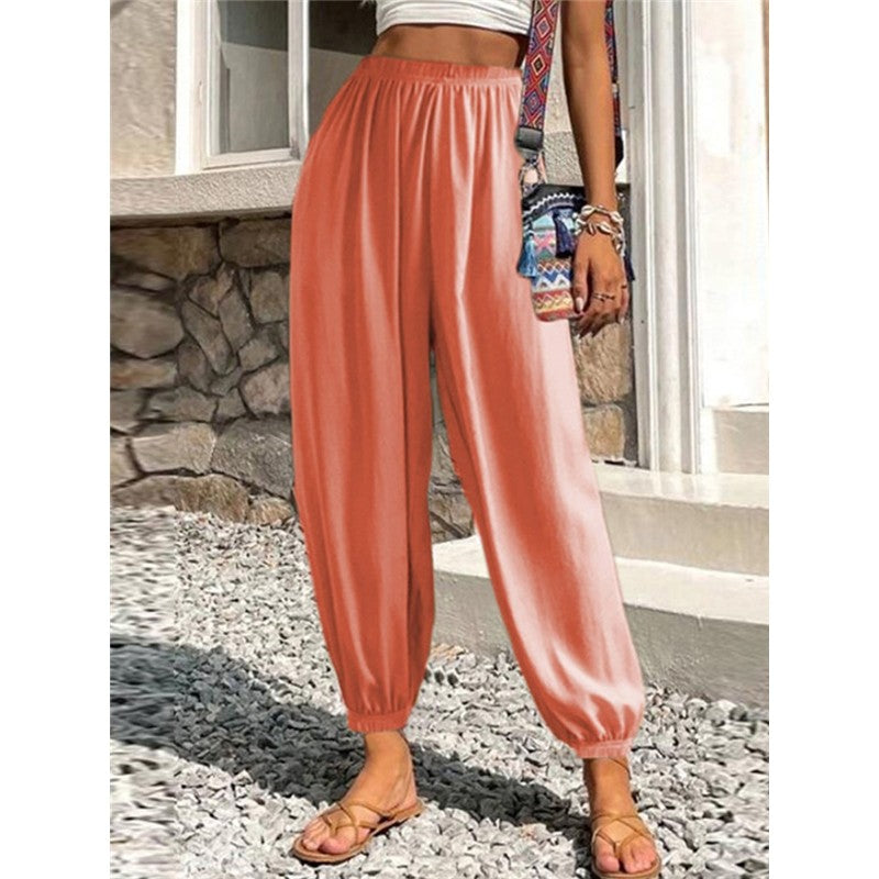 Elastic Waist Solid Color Baggy Pants