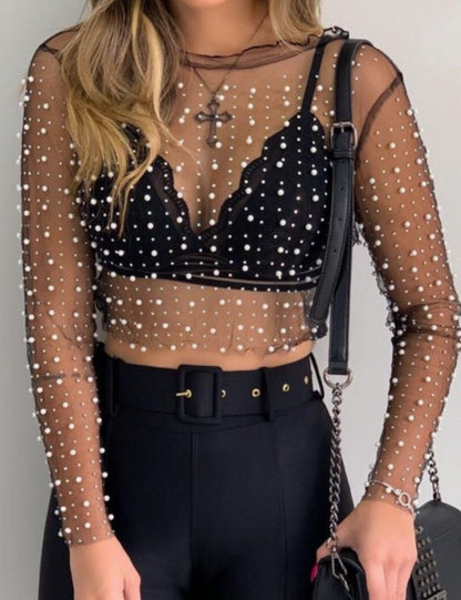 Mesh Shiny Rhinestone See Through Blouse