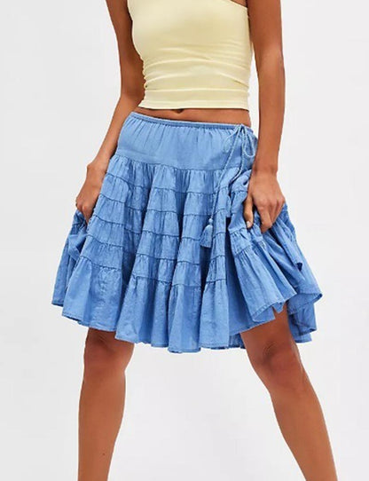 Solid Color Puffy String Midi Skirt