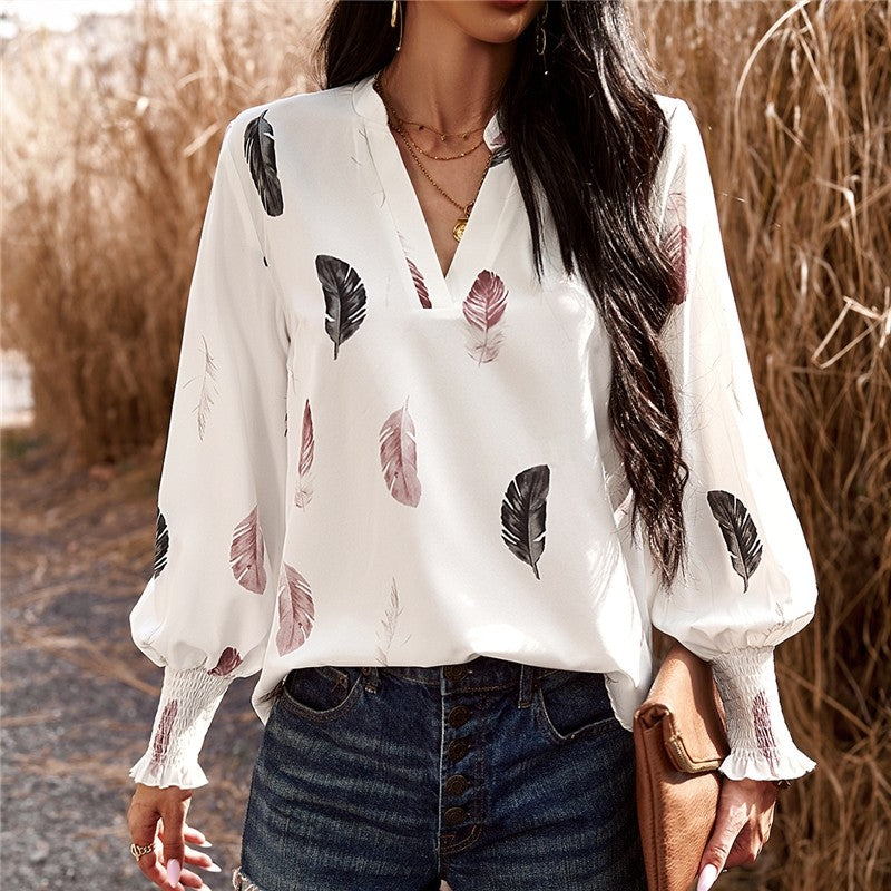 Long Sleeves V-Neck Printing Casual Loose Pullover Blouse Top