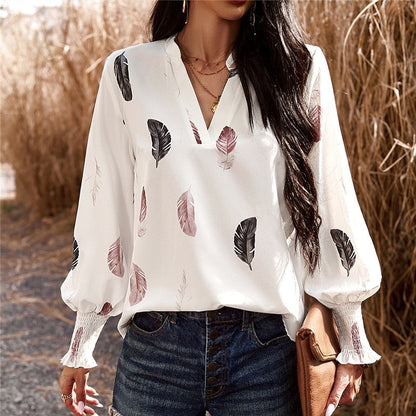 Long Sleeves V-Neck Printing Casual Loose Pullover Blouse Top