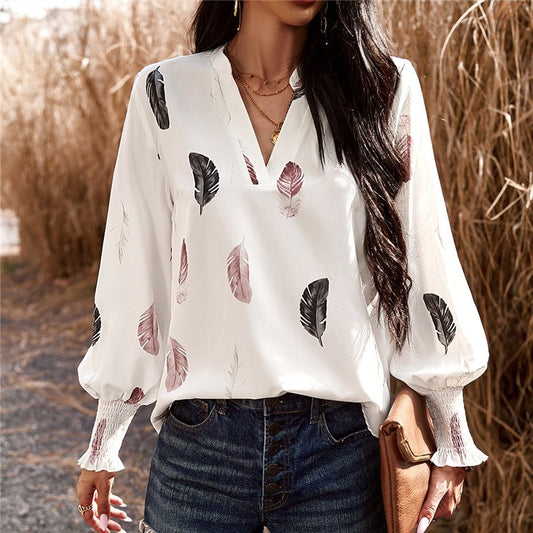 Long Sleeves V-Neck Printing Casual Loose Pullover Blouse Top