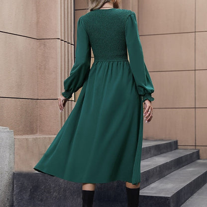 Solid Color Lantern Sleeve Waist Long Dress