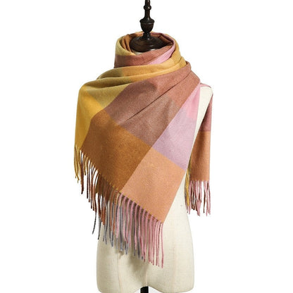 Plaid Print Striped Tasseled Shawl Scarf