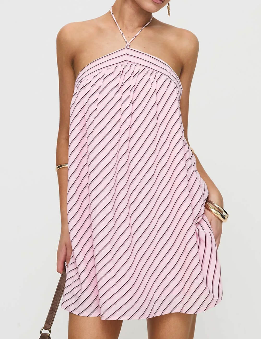 Cute Solid Color Striped Halter Backless Dress
