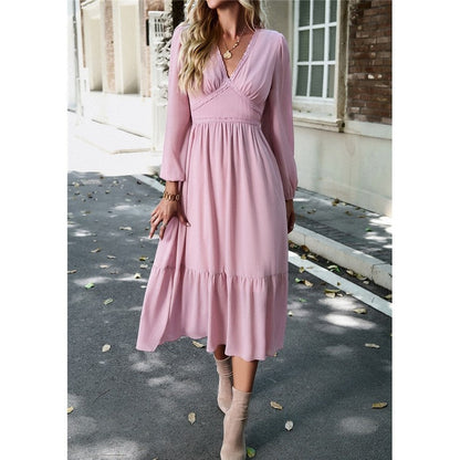 High Waist Solid Color V-Neck Dress