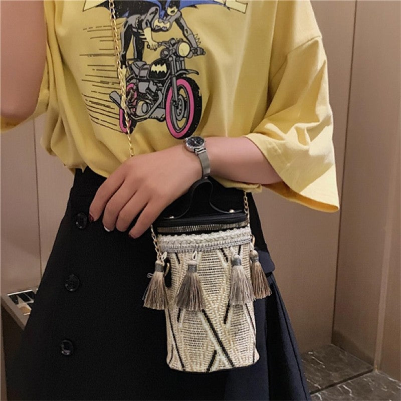 Casual Striped One Shoulder Tasseled Round Bag