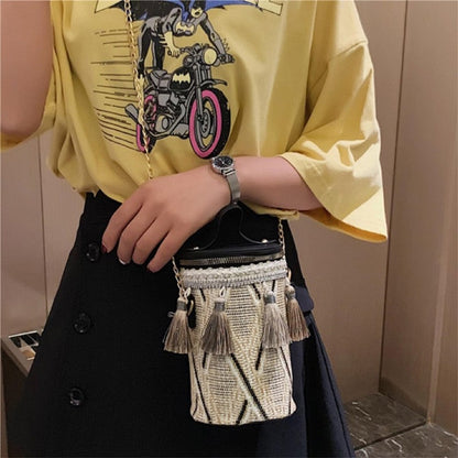 Casual Striped One Shoulder Tasseled Round Bag