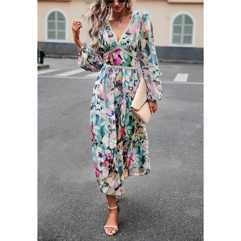 Casual Irregular Color Block Printed V-Neck Long-Sleeved Dress