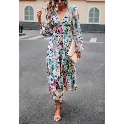 Casual Irregular Color Block Printed V-Neck Long-Sleeved Dress