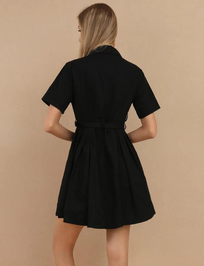 Lapel Button Waist Tie Mini Dress