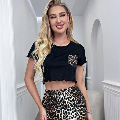 Leopard Print Crop Top And High Waisted Pants Lounge Set