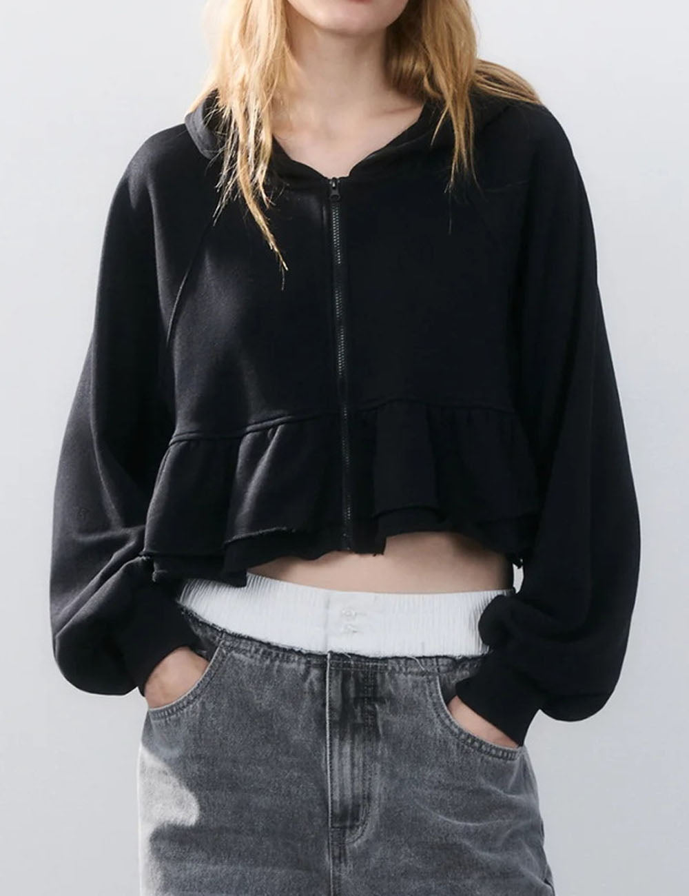 Solid Color Ruffle Trim Zip-Up Hoodie Sweatshirt