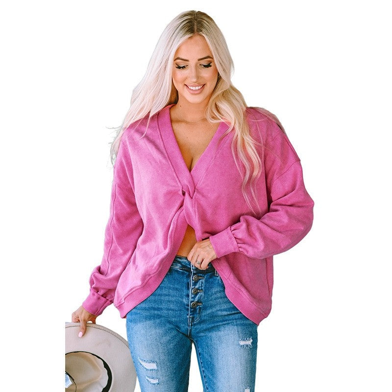 Loose-Fit Minimalist Solid Color Ribbed Cuff Sweatshirt