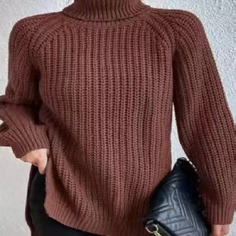 High Collar Raglan Sleeve Sweater Mid-Length Slit Hem Sweater