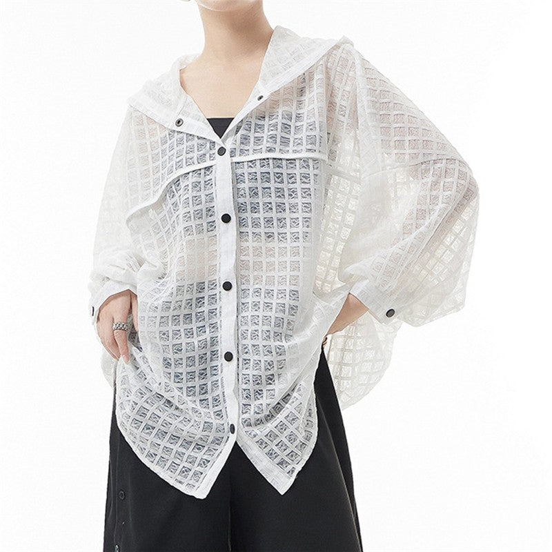 Solid Color Batwing Sleeve Single Breasted See-Through Casual Loose Blouse