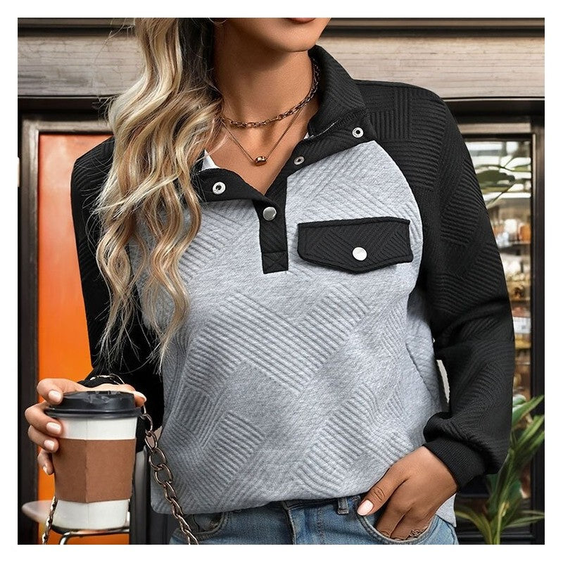 Casual Contrast Color Block Stand Collar Sweatshirt