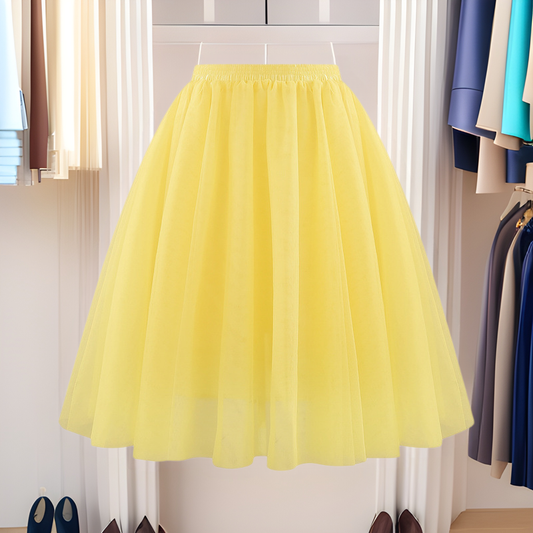 Women Fashion Elegant Solid Color High Waist Pleated Mesh Skirt