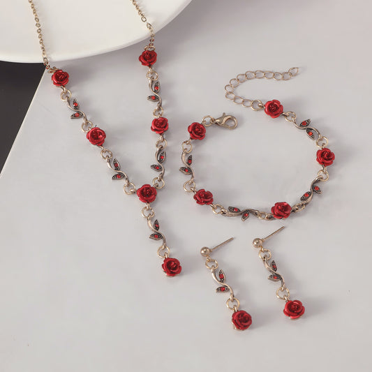 Vintage Rose Floral Jewelry Three-Piece Set