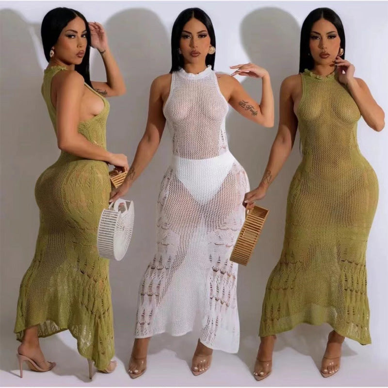 Women Vacation Sexy Hollow Mesh Knitted Long Dress