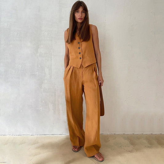 Women Casual Solid Cotton V-Neck Two-Piece Set