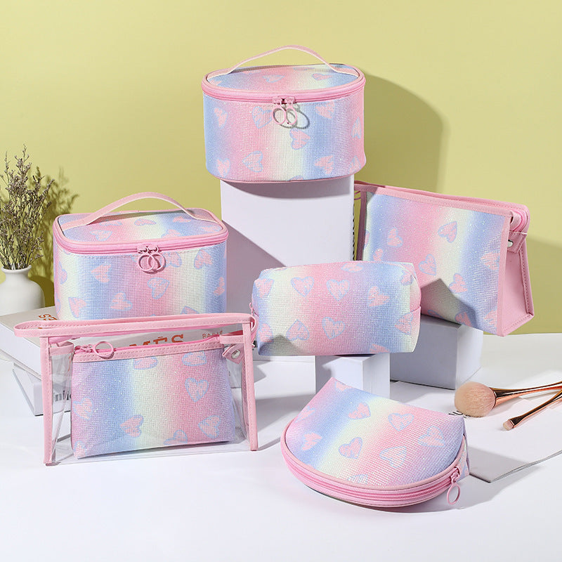 Bolsa de cosméticos con corazón arcoíris y degradado brillante