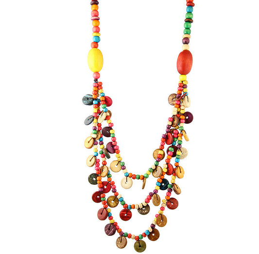 Collar de cuentas de madera multicapa estilo playa bohemia