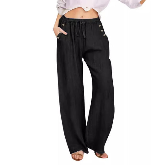 Pantalones casuales de algodón y lino de color sólido para mujer