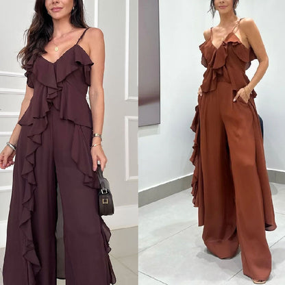 Summer Women Fashion Solid Color Chiffon Ruffled Top and Pants Two-Piece Set