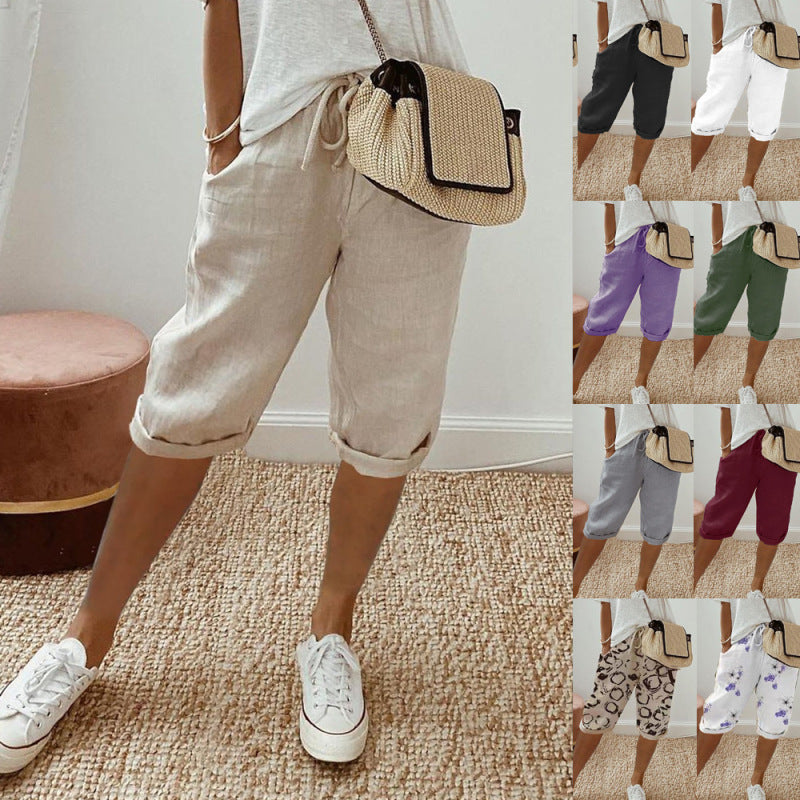 Pantalones casuales de lino y algodón de color liso a la moda para mujer