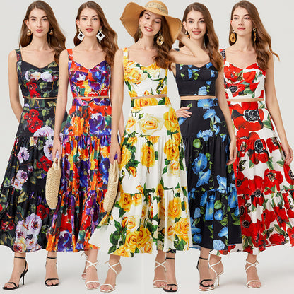 Women Summer Vacation Floral Print Crop Tank Top Long Skirt Set