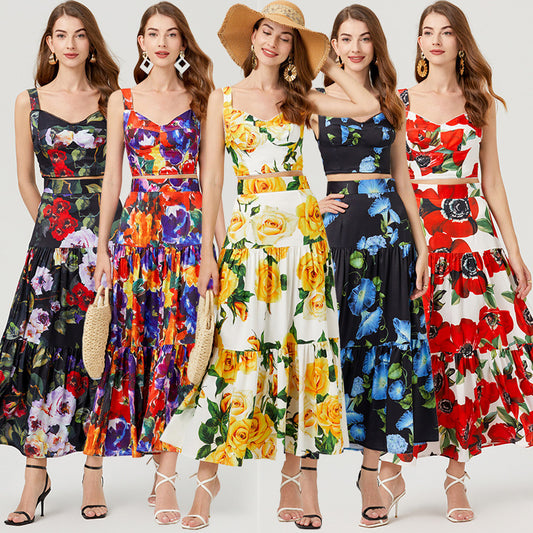 Women Summer Vacation Floral Print Crop Tank Top Long Skirt Set