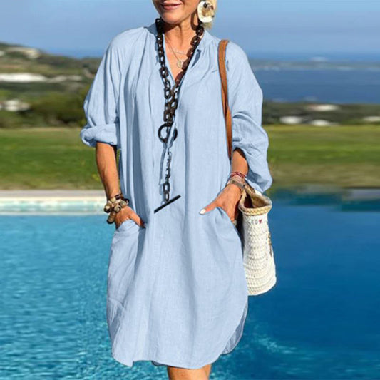 Fashion Casual Women Linen Solid Color Long-Sleeved V-Neck Dress