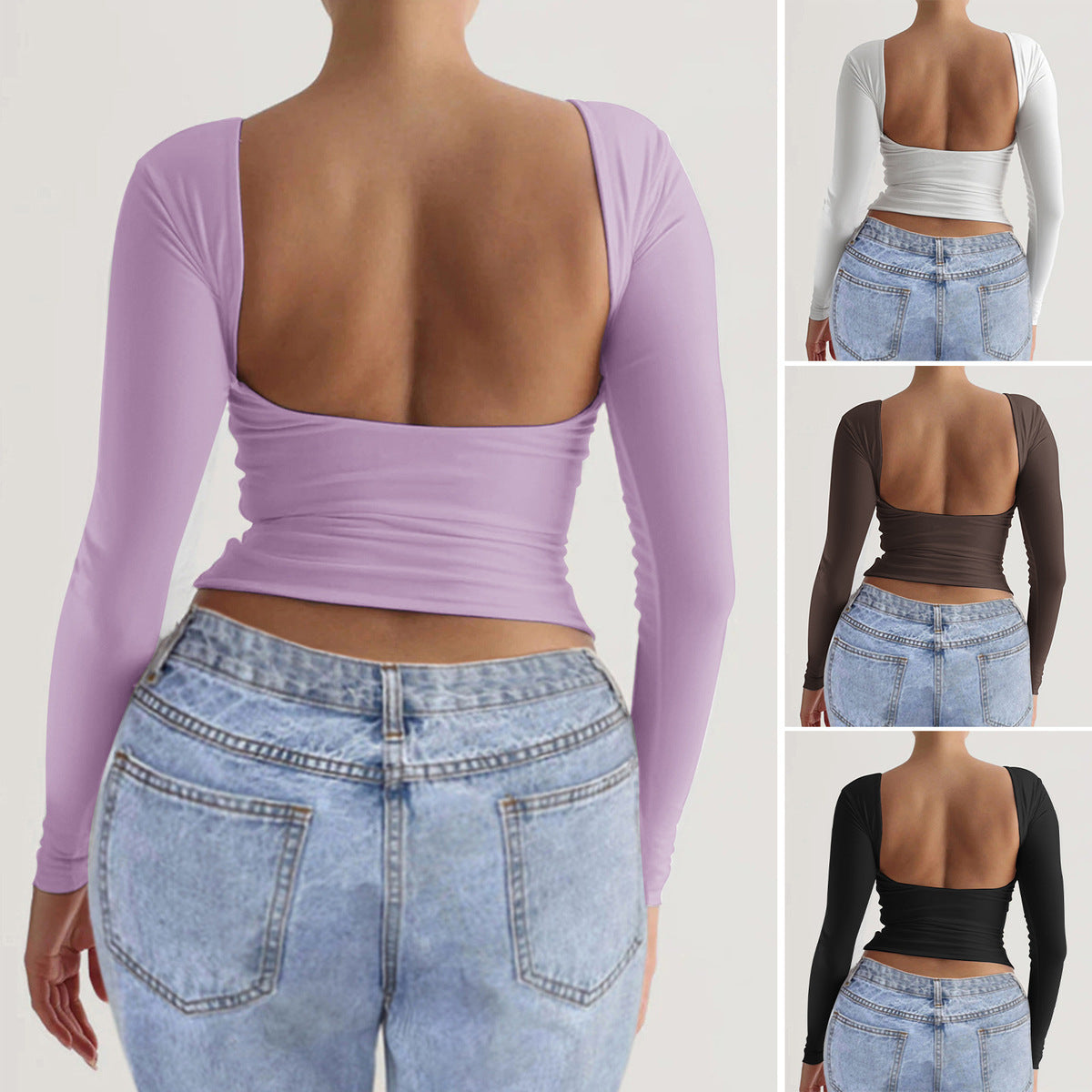 Women Fashion Casual Backless Crewneck Long Sleeve Blank T-Shirt