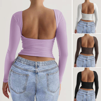 Women Fashion Casual Backless Crewneck Long Sleeve Blank T-Shirt