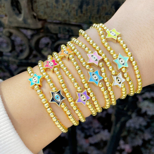 Women Fashion Simple Star Devil Eyes Gold Bead Bracelet