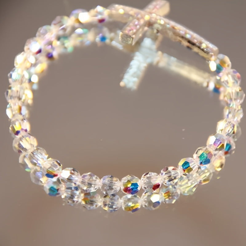 Women Fashion Cross Beaded Bracelet Glass Pink Natural Style
