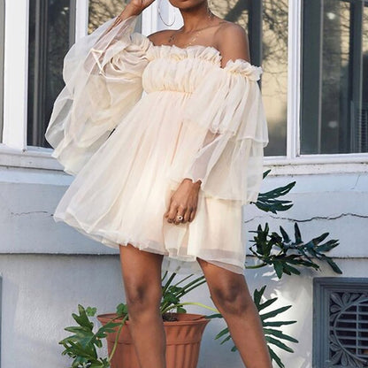 Vestido elegante de color liso con volantes y hombros descubiertos para mujer