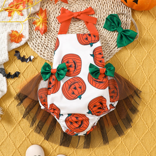 Pelele sin mangas de malla con diseño de calabaza de Halloween para niñas pequeñas