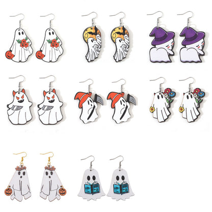 Halloween Women Double-Sided Wooden Earrings with Cartoon Creatures