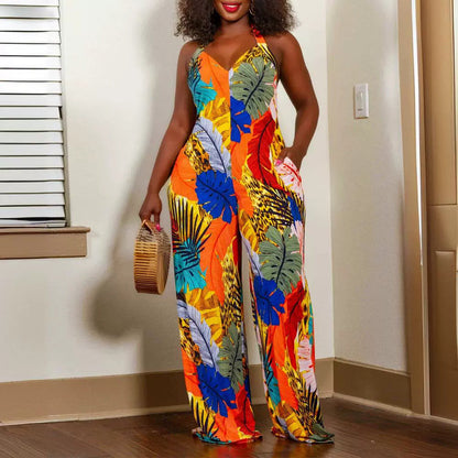 Women Loose Vacation Tropical Leaf-Print V-Neck Jumpsuit