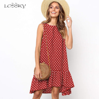 Minivestido playero bohemio de verano con lunares, sin mangas y volantes para mujer